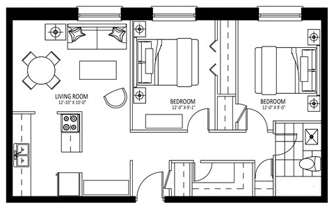 Floor plan for 2 beds, 1 bath, 648 sqft